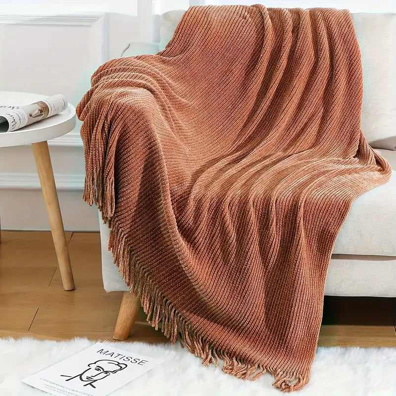 Velverra Vintage Chenille Knit Throw Blanket with Tassels